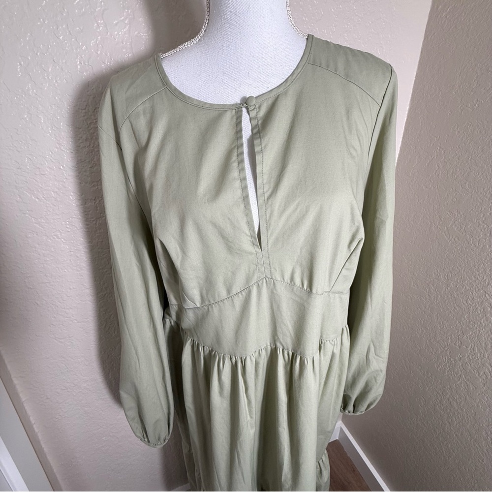 ASOS Sage Green Long Sleeve Tiered Dress Size 14 Modest Bohemian Casual Prairie - Picture 8 of 9